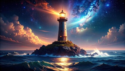 Magical Lighthouse At Night On Rocky Island