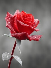 A Single Red Rose Covered in Morning Dew Drops