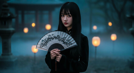 Asian Woman in Misty Garden with Lanterns