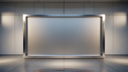 Modern empty rectangular metallic frame display with soft lighting and tiled walls screen