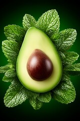 Vibrant Green Avocado Halved Surrounded by Fresh Mint Leaves on a Dark Background