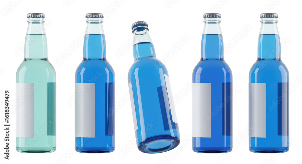 Poster bottles of colorful liquid arranged in a row isolated on a white background suitable for beverage ad