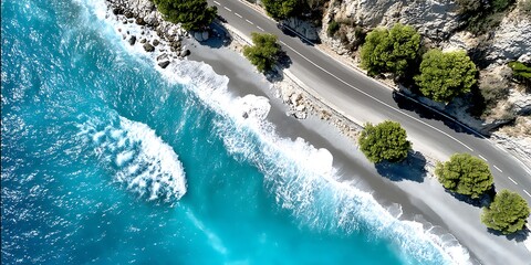 Aerial view of a coastal road with turquoise ocean waves crashing on the shore