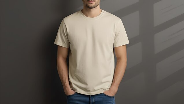 Man in a simple beige t-shirt standing against a dark gray wall with his hands in his pockets, looking  straight ahead in an indoor setting  wall, dark, indoor, person, casual, clothing, apparel, fash