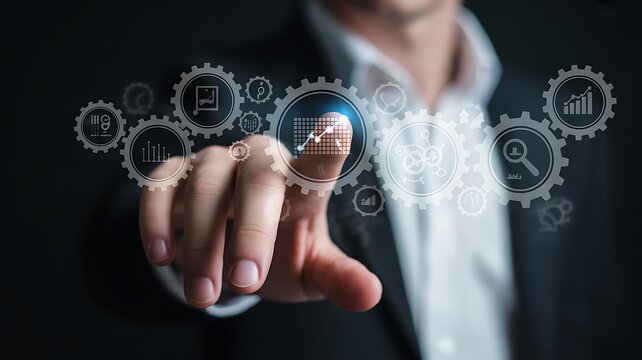 Businessman interacting with a digital interface of gears and business analytics technology