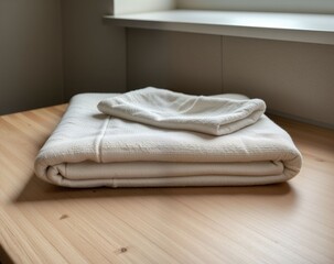 Neatly Folded White Towels on a Wooden Table in Minimalist Setting