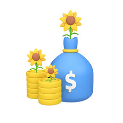 Money Bag with Sunflower isolated 3d render icon illustration