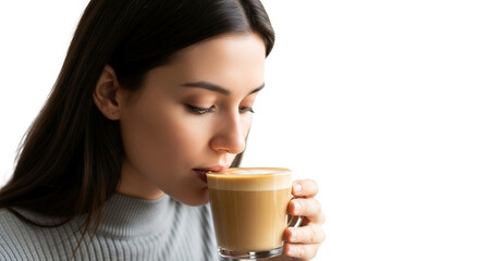 Woman enjoying a cup of latte closeup shot