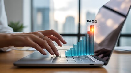 Person typing on laptop with Q4 2024 growth bar chart displayed on screen hands fingers