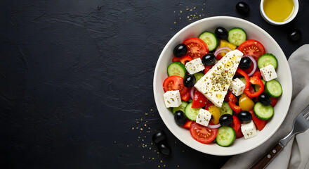 A Greek salad contained chunks of ripe tomatoes, cucumber slices, bell peppers, black olives, and creamy feta cheese cubes, sprinkled with dried oregano and drizzled with olive oil.