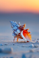 Exquisite Seashell Resting on a Sandy Beach During Sunset