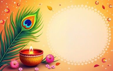 Happy Janmashtami festival banner template design with dahi handi and peacock feather. High quality