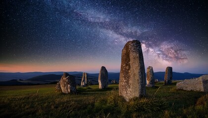 moonlit megalith milky way bokeh night photography cosmic landscape starry night plateau