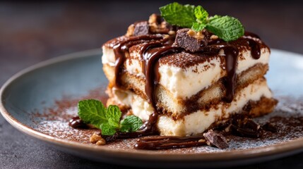 An exquisite tiramisu dessert served in layers with a rich chocolate drizzle, garnished with mint leaves, creating a visually appealing and delightful treat to savor.