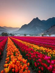 Vibrant Tulip Fields Bloom Under Soft Sunset Sky Over Misty Mountains