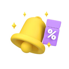 Bell reminder notification with voucher sale discount and sparkle isolated 3d render icon illustration