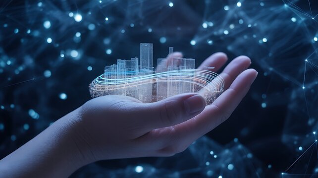 Hand holding holographic futuristic city with glowing data streams and bokeh lights image photo