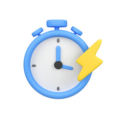 Blue clock stopwatch with thunder isolated 3d render icon illustration