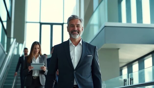A diverse team of confident business professionals walks smiling through a bright modern office building, led by a successful executive.