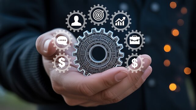 Hand displaying digital gears with business icons and currency symbols finance technology - Powered by Adobe