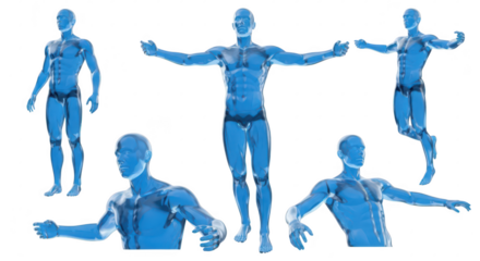 Transparent blue male figures posing in various stances against a white background ideal for medical or artistic illustrations