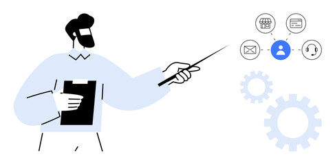 Presenter with clipboard pointing at visual representation of communication tools email, user profile, customer service. Ideal for business strategy, team training, customer service, technology