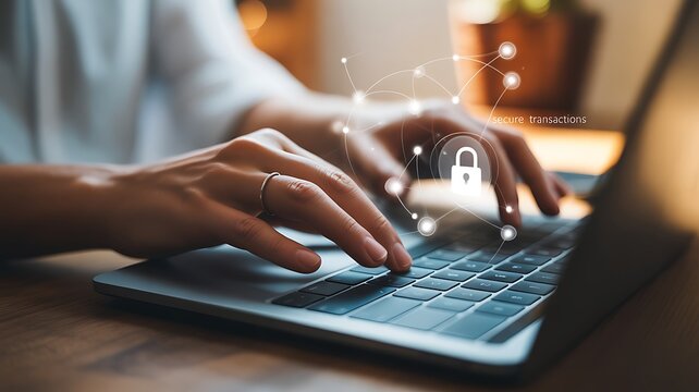 Woman's hands on laptop keyboard with secure transactions and lock icon typing