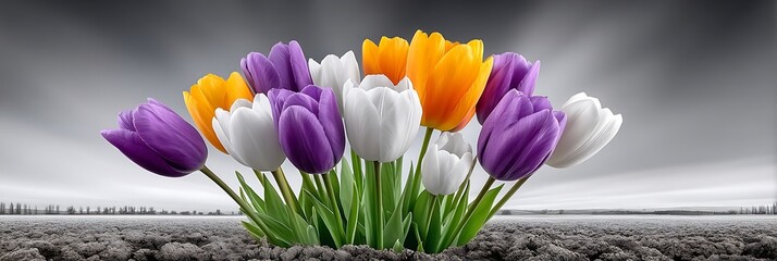Vibrant Tulips Bloom in a Desolate Landscape