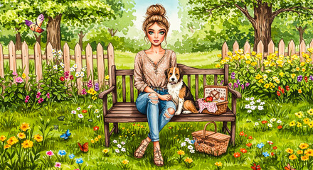 Woman and dog in a vibrant garden setting.