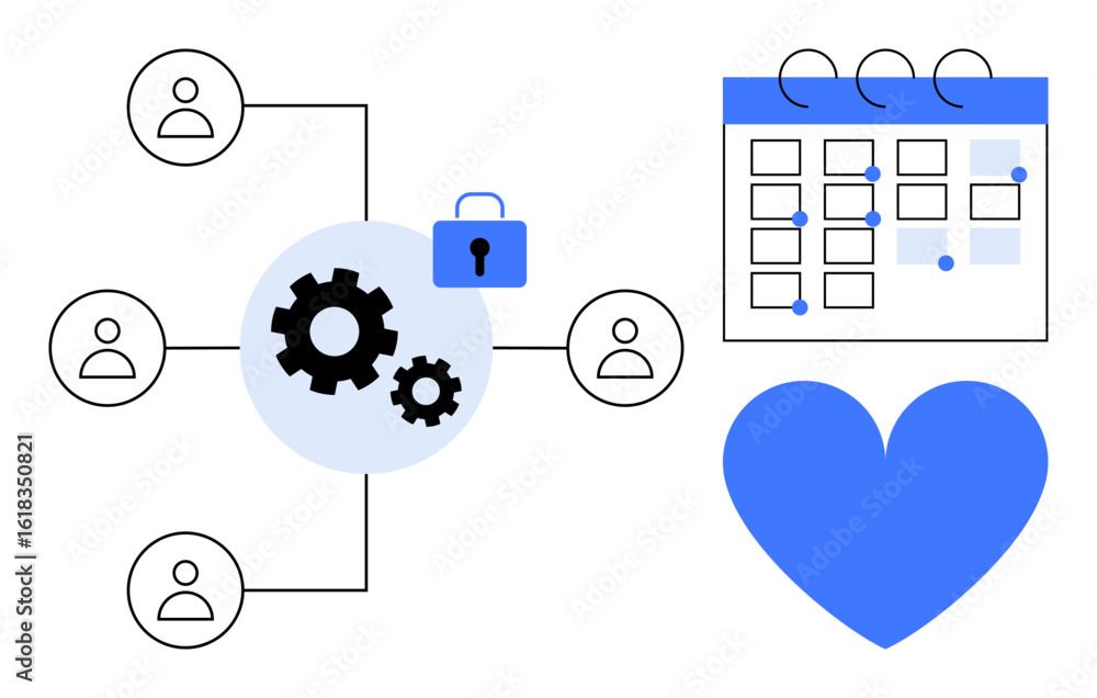 Poster connected users linking to gears and lock, calendar with event marks, large heart. ideal for teamwor