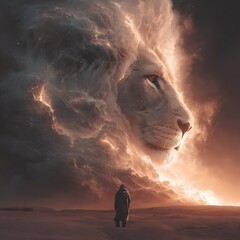 Mystical Cloud Lion Spirit Guides Human in Desert Visionary Landscape