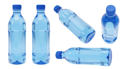 Clear plastic water bottles in various angles isolated on white highlighting hydration for product promotion and health visuals