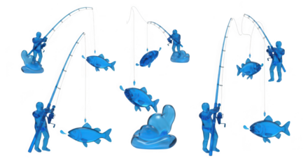 Transparent blue figurines fishing on white background showcasing angling activity perfect for illustrating concepts related to leisure or business