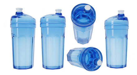 Transparent water bottle set in various angles on white illustrating design showcasing hydration promoting clean lifestyle or for product mockups