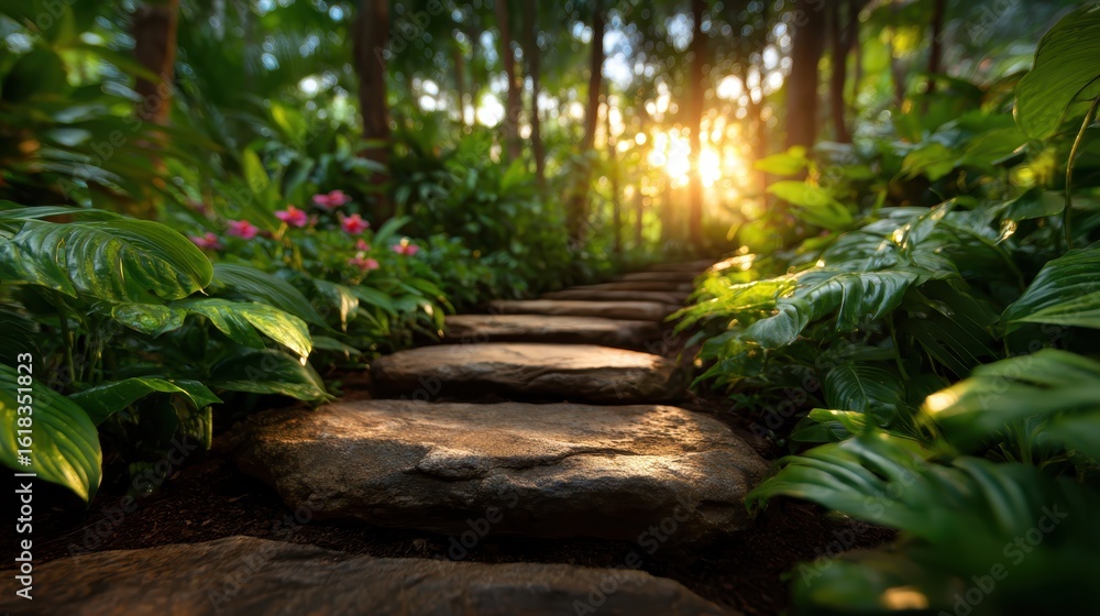 Poster an enchanting pathway winding through a lush forest, illuminated by warm sunlight filtering through 