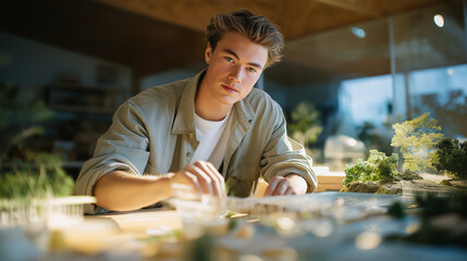Intern assembling a miniature bridge in a detailed studio setting