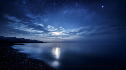Calm night with starry sky and moonlit water.