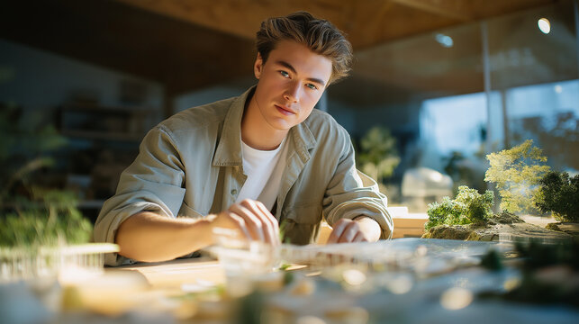 Intern assembling a miniature bridge in a detailed studio setting