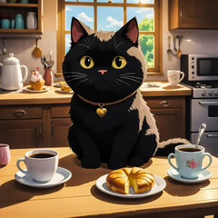 Cartoon Cat in Cozy Kitchen