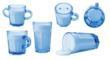 Blue glasses filled with milk against white a collage showing various views useful for healthy drink promotion