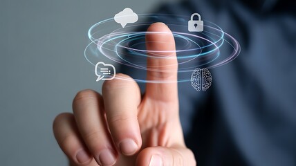 Finger touching screen with digital icons and swirling light rings technology innovation
