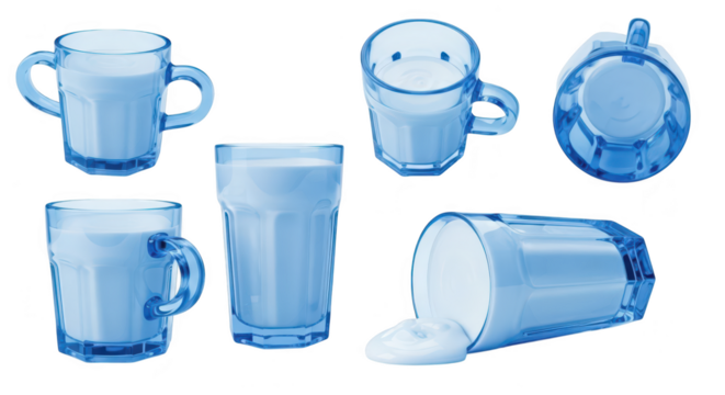 Blue glasses filled with milk against white a collage showing various views useful for healthy drink promotion