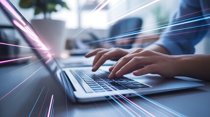 Person typing on laptop with streaks of light indicating fast data transfer hands computer