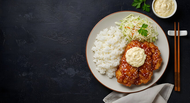 Japanese chicken nanban with rice and a thick, chunky tartar sauce, photographed on a dark background.