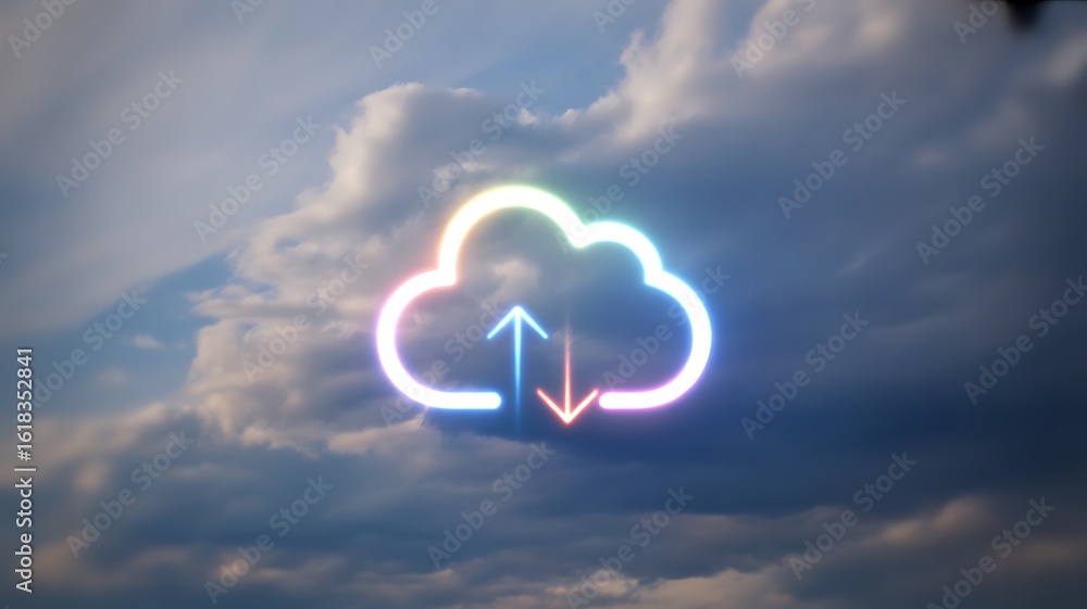 Poster neon cloud symbol with up and down arrows in a cloudy sky technology data