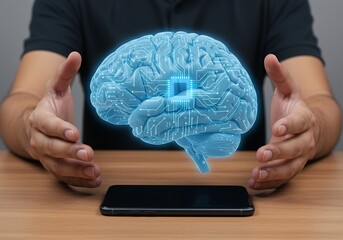 Human Brain with Circuitry Hologram Above Smartphone. Generative Ai
