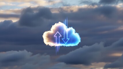 Glowing Cloud Icon With Up and Down Arrows Amidst Dramatic Sky technology data