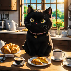Black cat in a sunny kitchen with croissants and coffee.