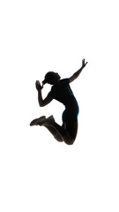 Volleyball player leaping sideways in silhouette against white background. Concept of summer games,...