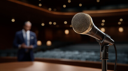 Conference panel speaker with microphone in conference hall